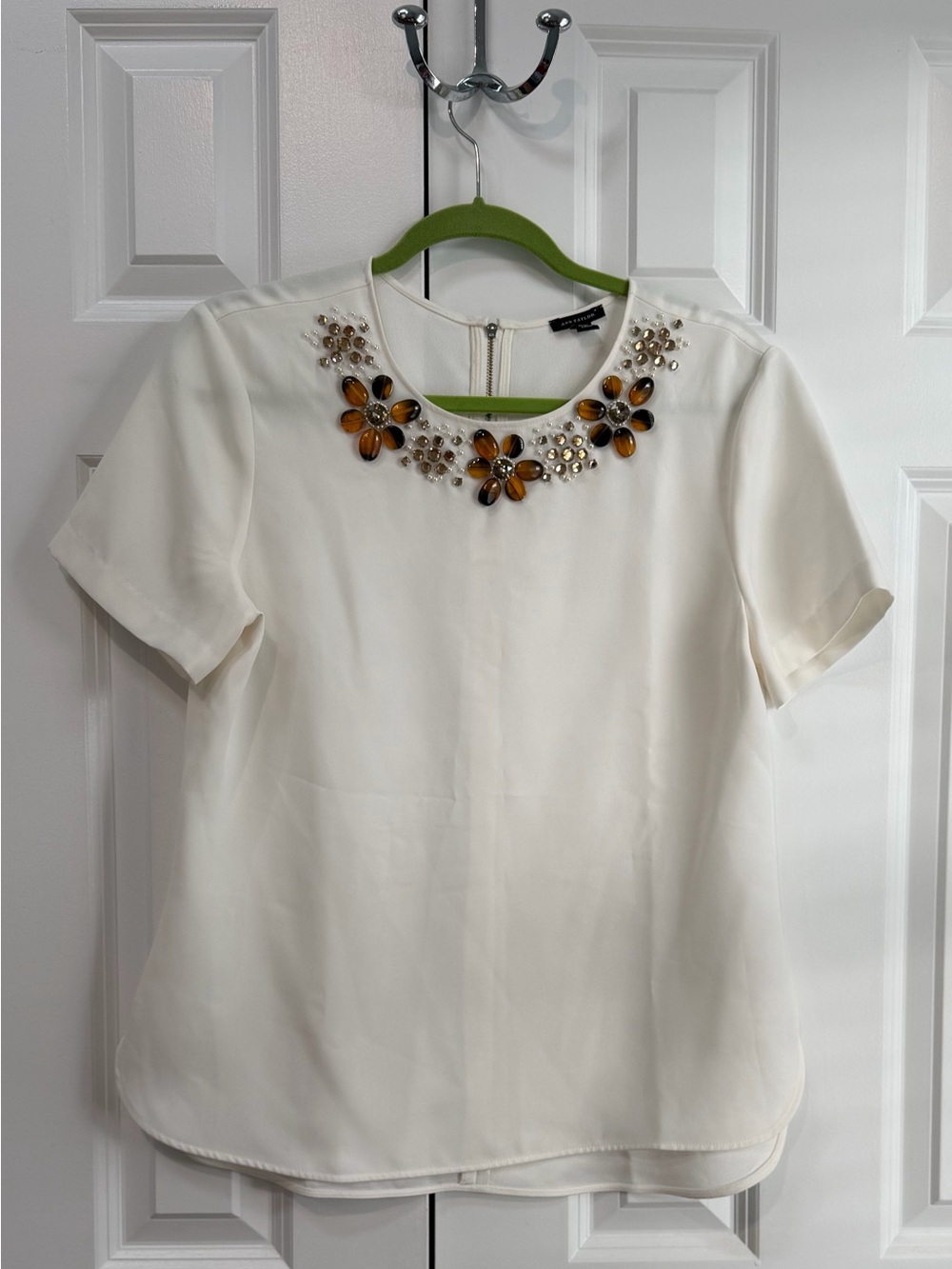Ann Taylor Ivory Short Sleeve Top with Amber Jewel Floral Neckline
